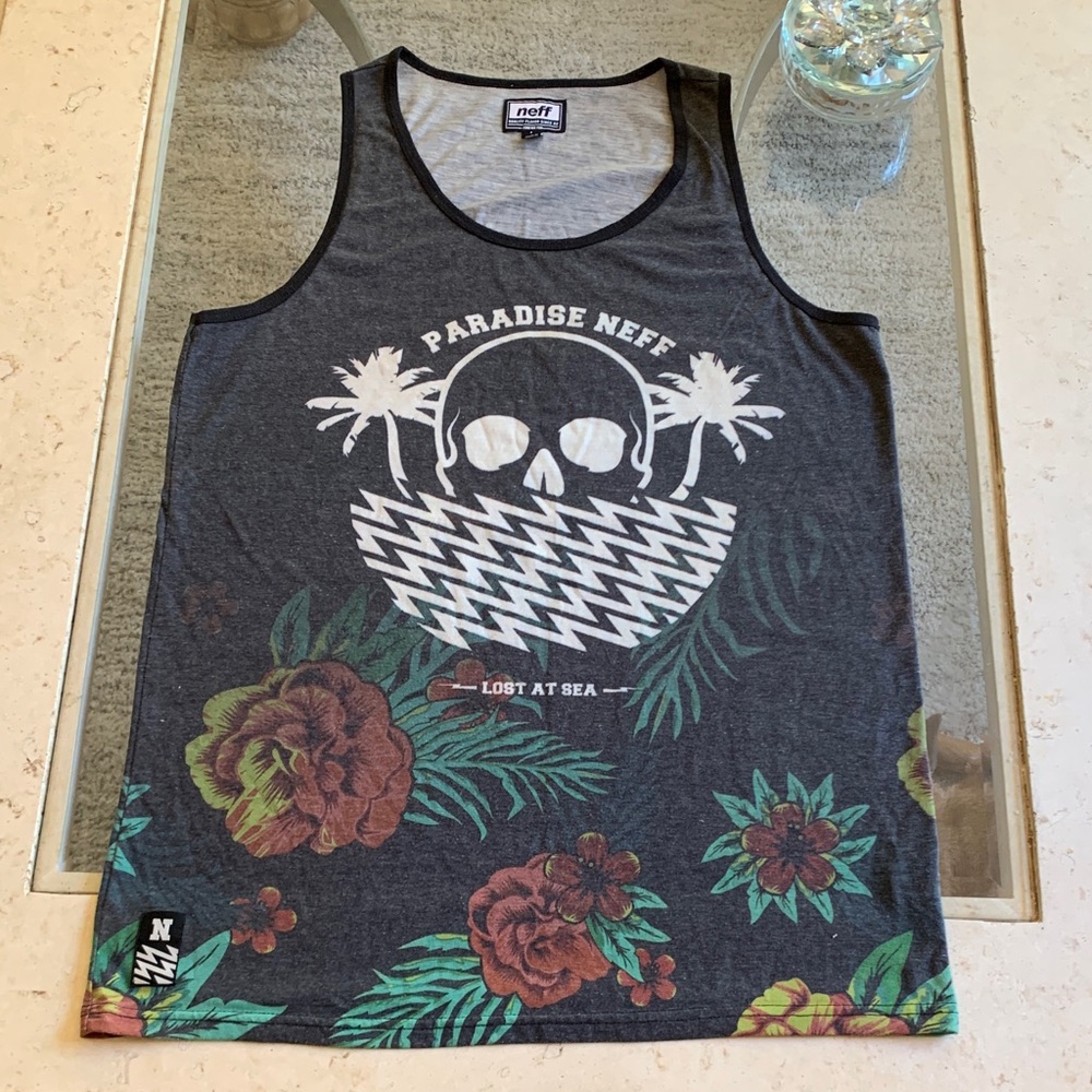 NEFF Paradise Neff Lost At Sea Skull Tank Top in Dark Gray with Floral Accents L
